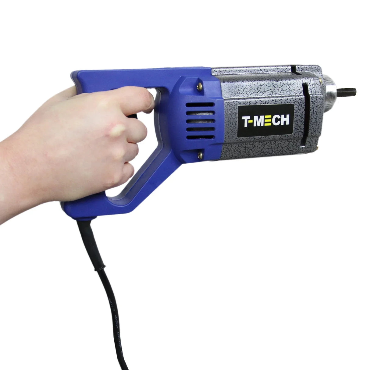 T-Mech concrete vibrator with a blue ergonomic handle and textured silver body, designed for efficient concrete compaction