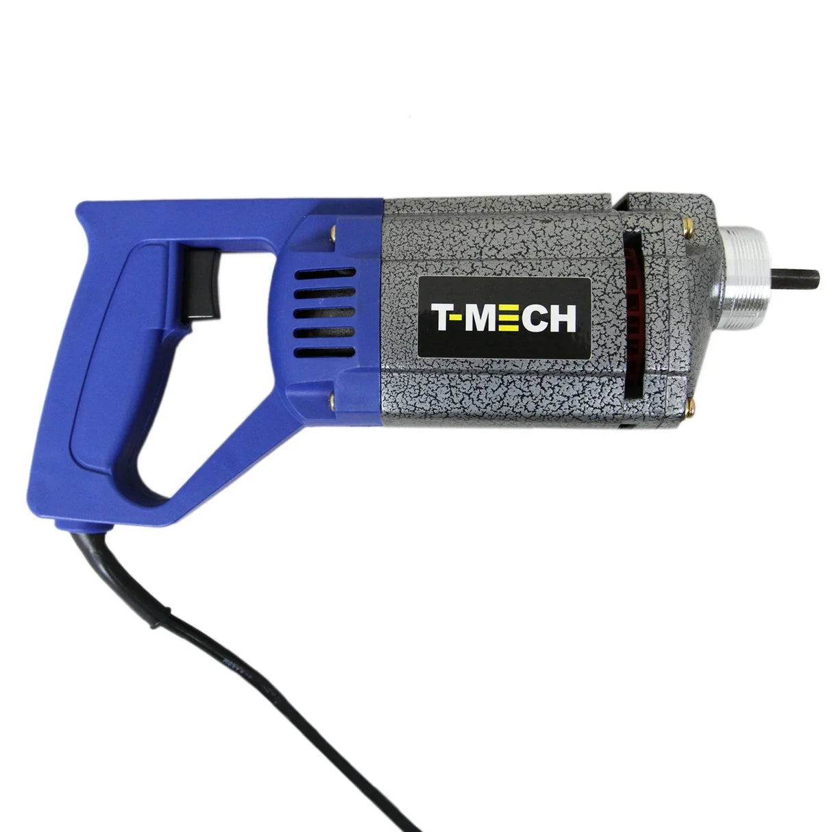 T-Mech concrete vibrator with a blue ergonomic handle, textured gray body, and metal vibrating head for efficient concrete settling