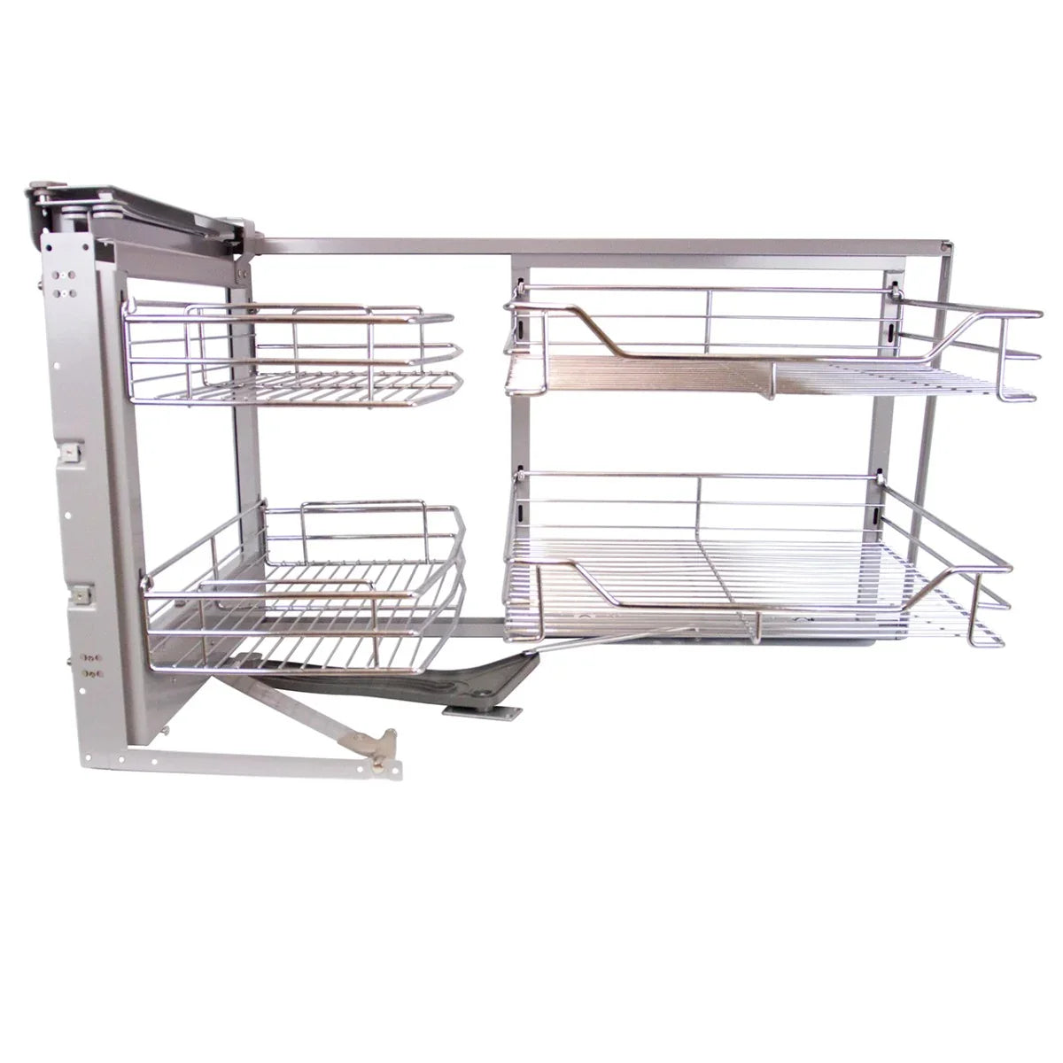 Left-hand corner kitchen cupboard pull-out drawers with silver metal frames, featuring two wire shelves for easy access and organization