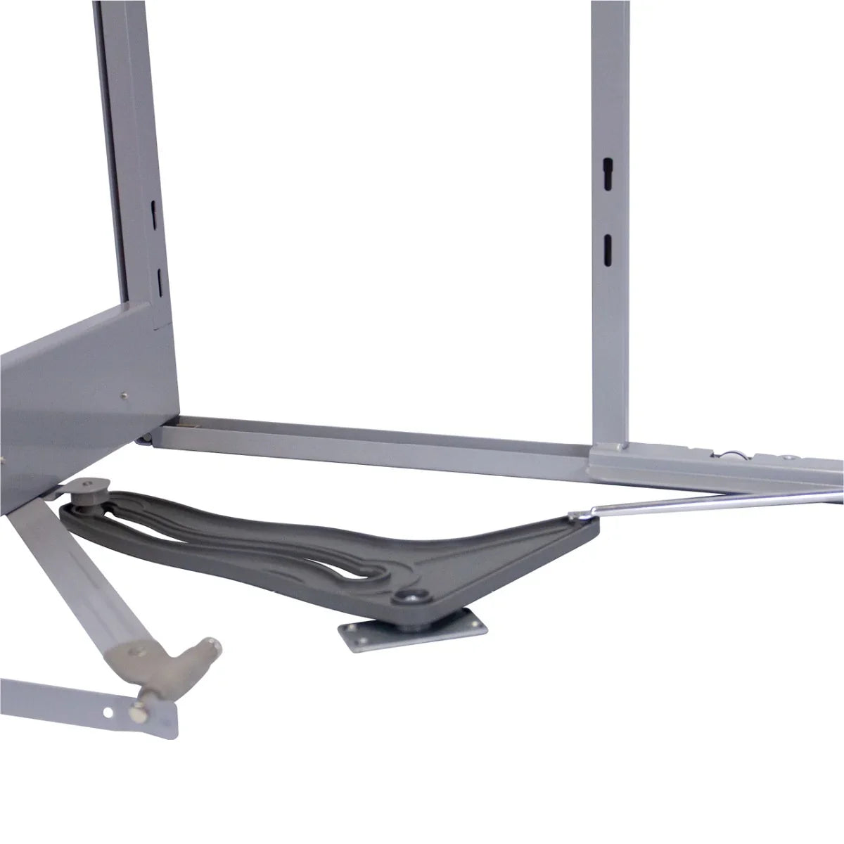 KuKoo corner kitchen cupboard pull-out drawer mechanism in sleek gray metal, showcasing smooth gliding motion and sturdy design