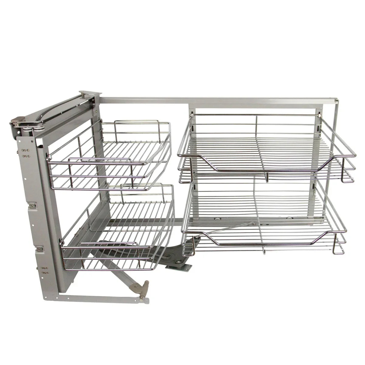 KuKoo corner kitchen cupboard pull-out drawers in silver metal, featuring two wire baskets for easy access and storage solutions