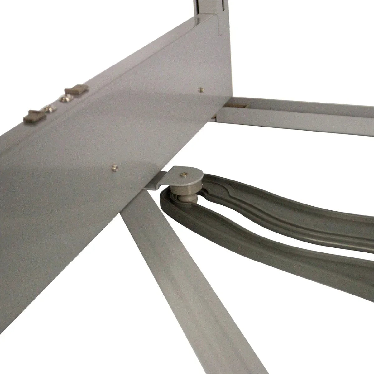 Left-hand pull-out drawer mechanism for KuKoo corner kitchen cupboard, featuring smooth metal tracks and sturdy gray plastic components