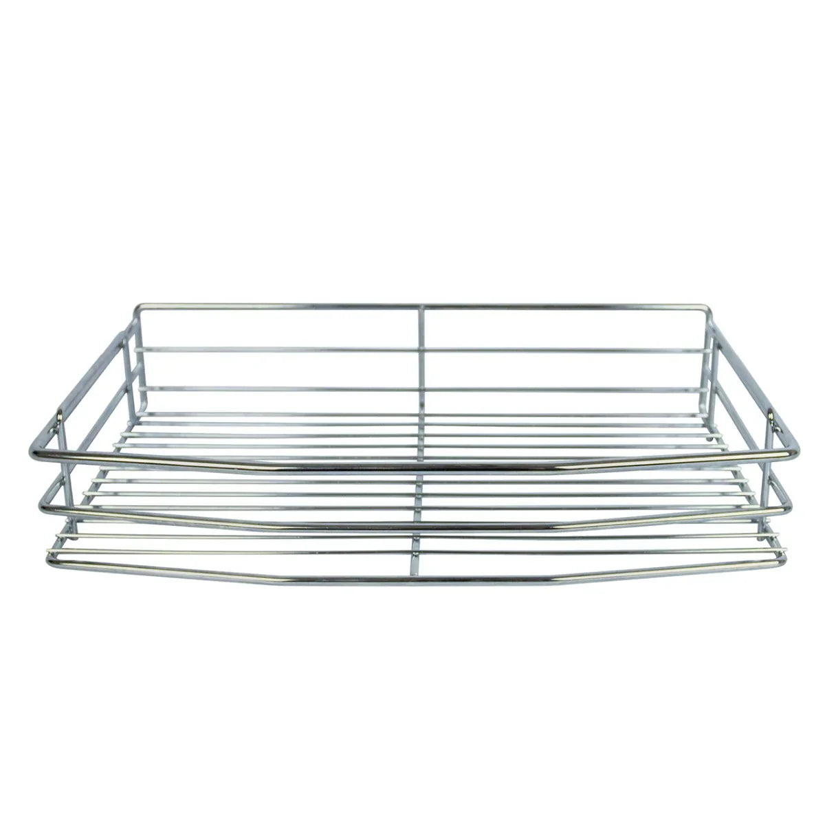 KuKoo corner kitchen cupboard pull-out drawer in chrome finish, featuring a sleek, open design with multiple wire racks for easy access