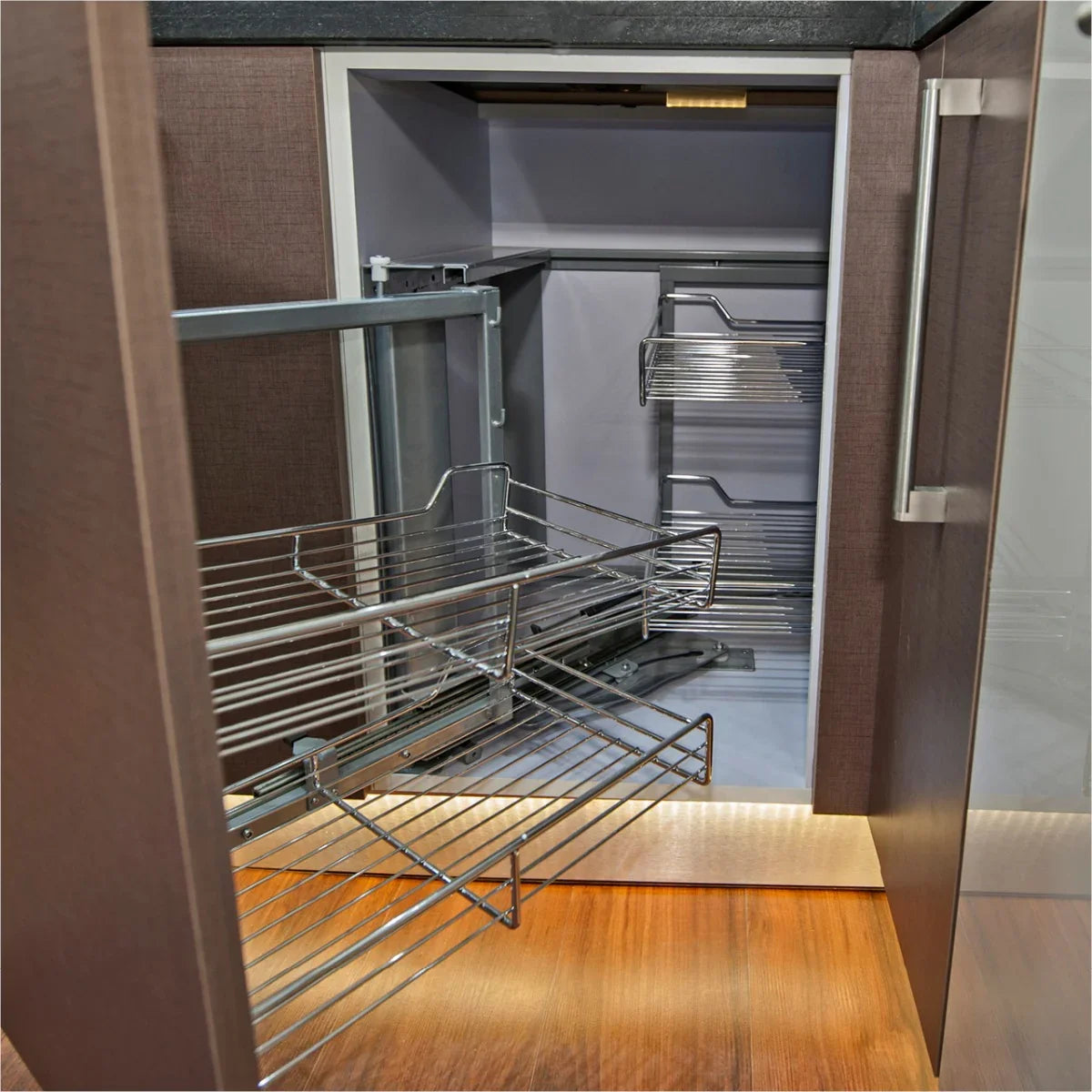 KuKoo corner kitchen cupboard with left-hand pull-out drawers, featuring sleek metal wire racks and a modern wood finish