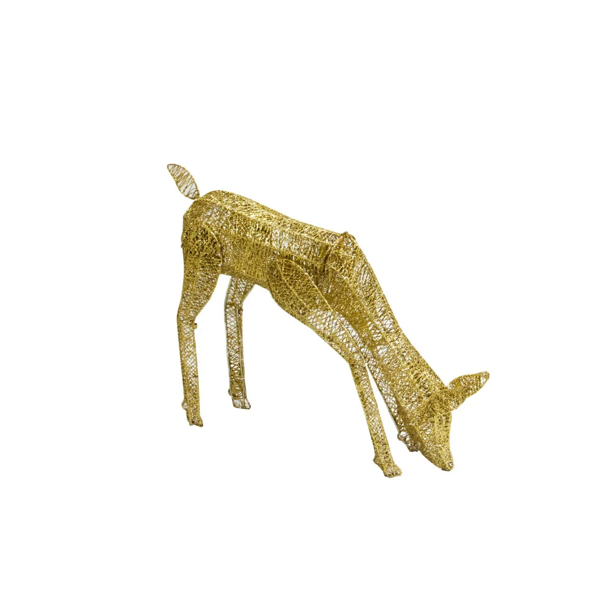 Gold stag and doe set with intricate wire design, illuminated for a festive glow, perfect for holiday decor or winter displays