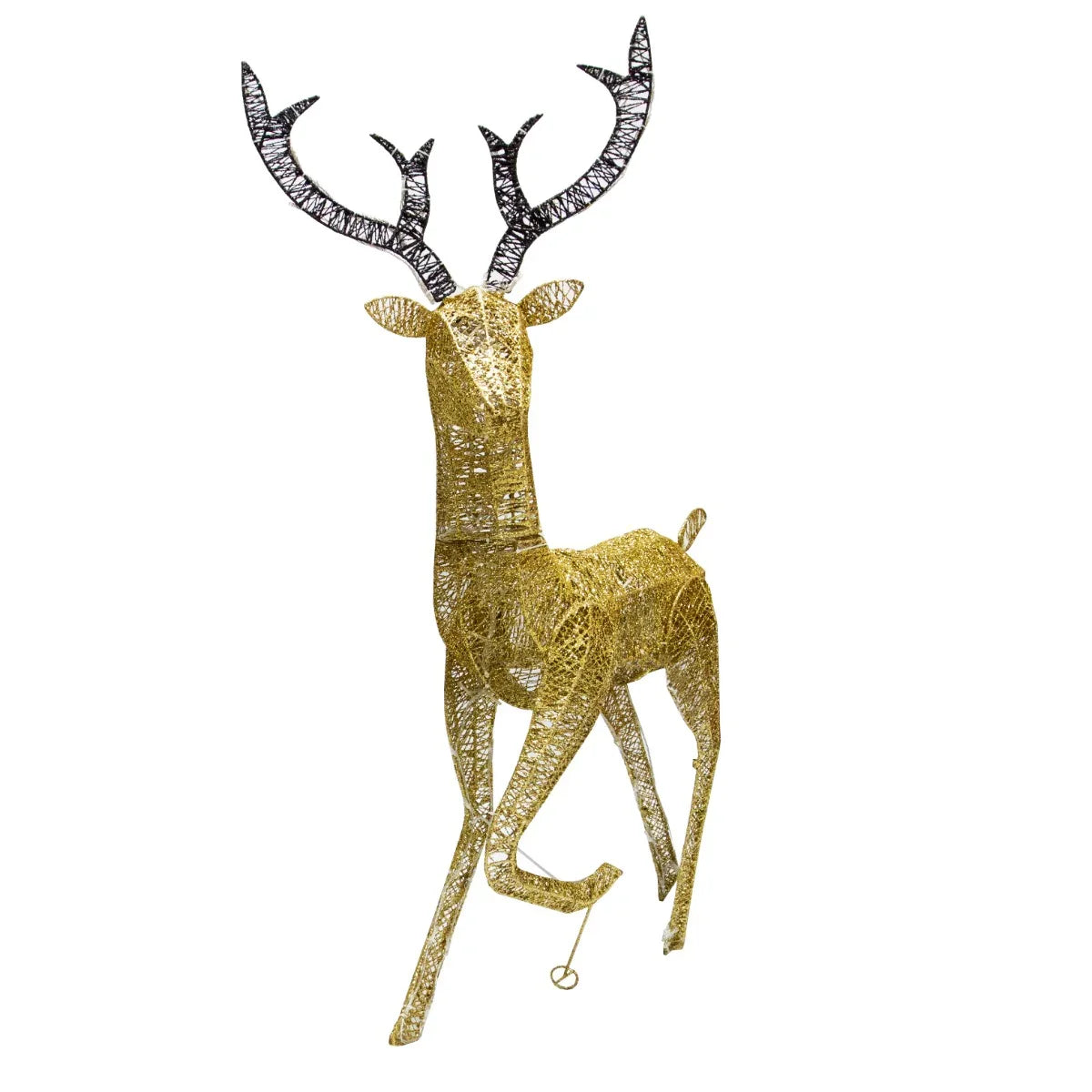 Gold stag reindeer with intricate wire design and black antlers, perfect for festive holiday decor and outdoor lighting displays