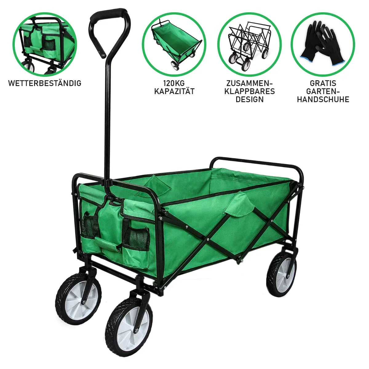 Foldable garden cart in vibrant green with durable fabric, sturdy black frame, and large wheels for easy maneuverability