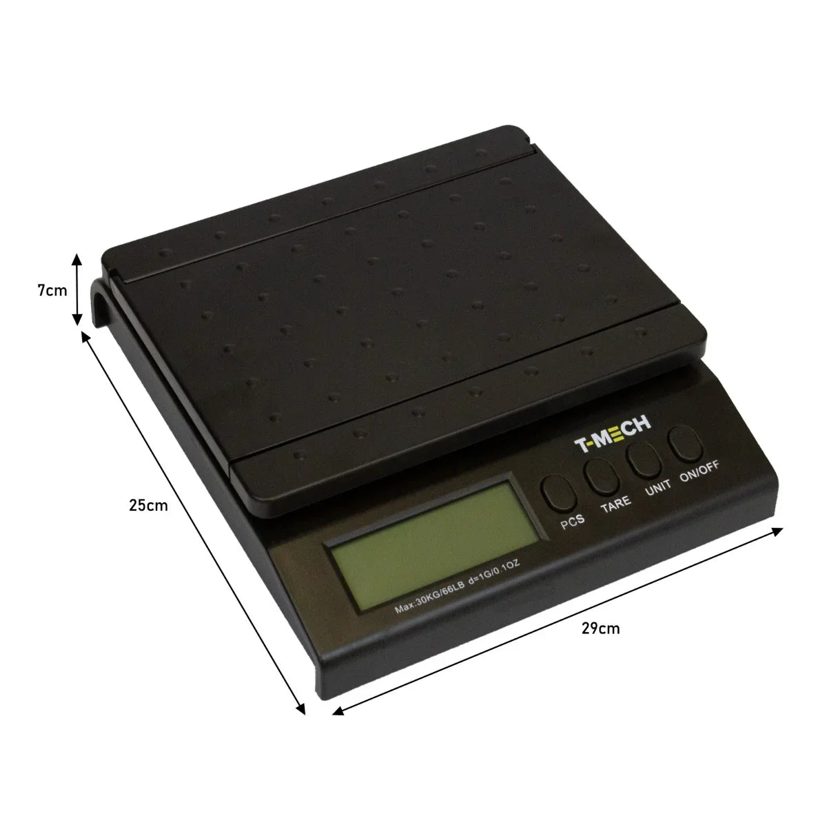 T-Mech digital postal scales in black with a flat platform, LCD display, and buttons for tare and unit conversion, measuring 29x25 cm