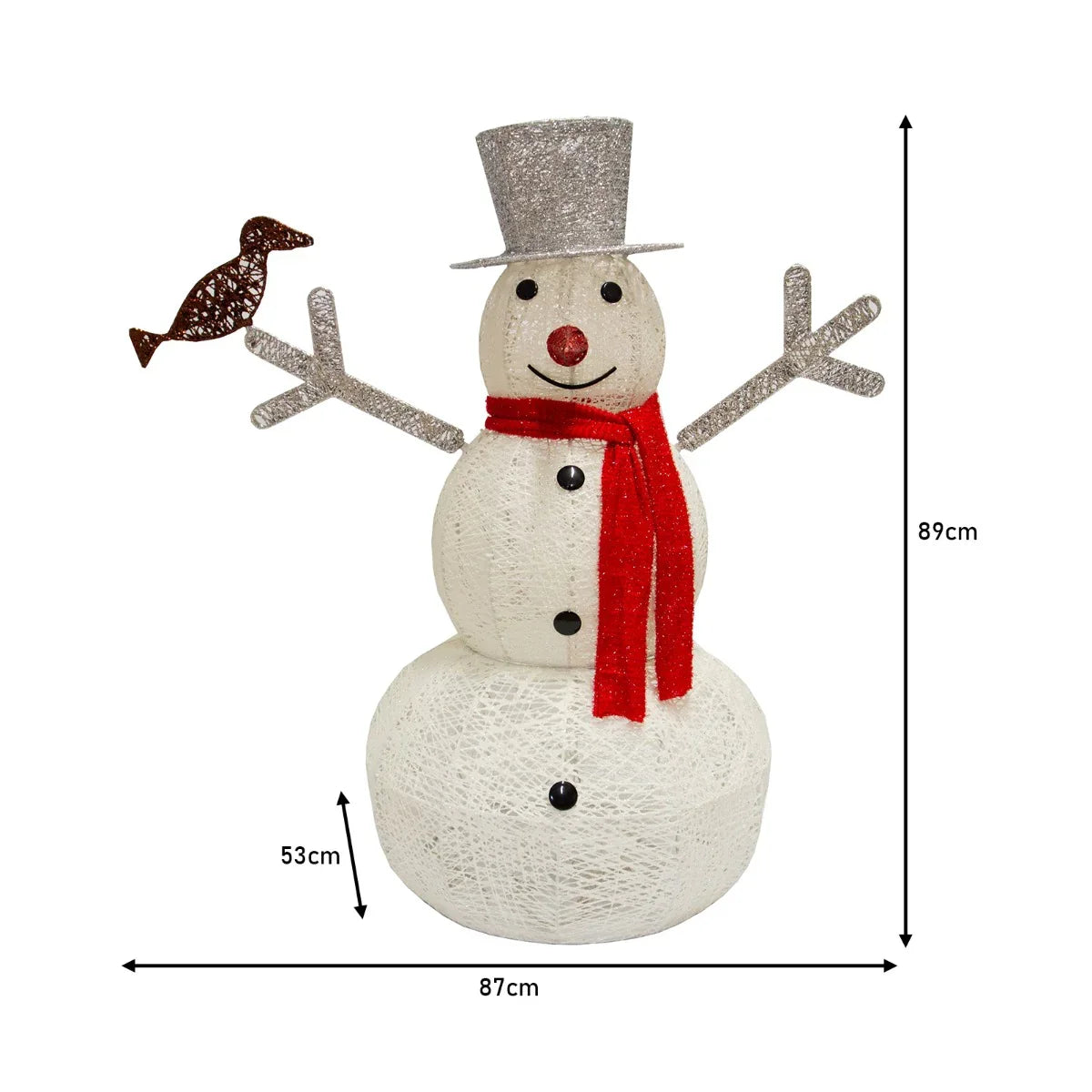 Light up snowman with a red scarf, silver hat, and bird, featuring a textured white body, 89cm tall, perfect for festive decor