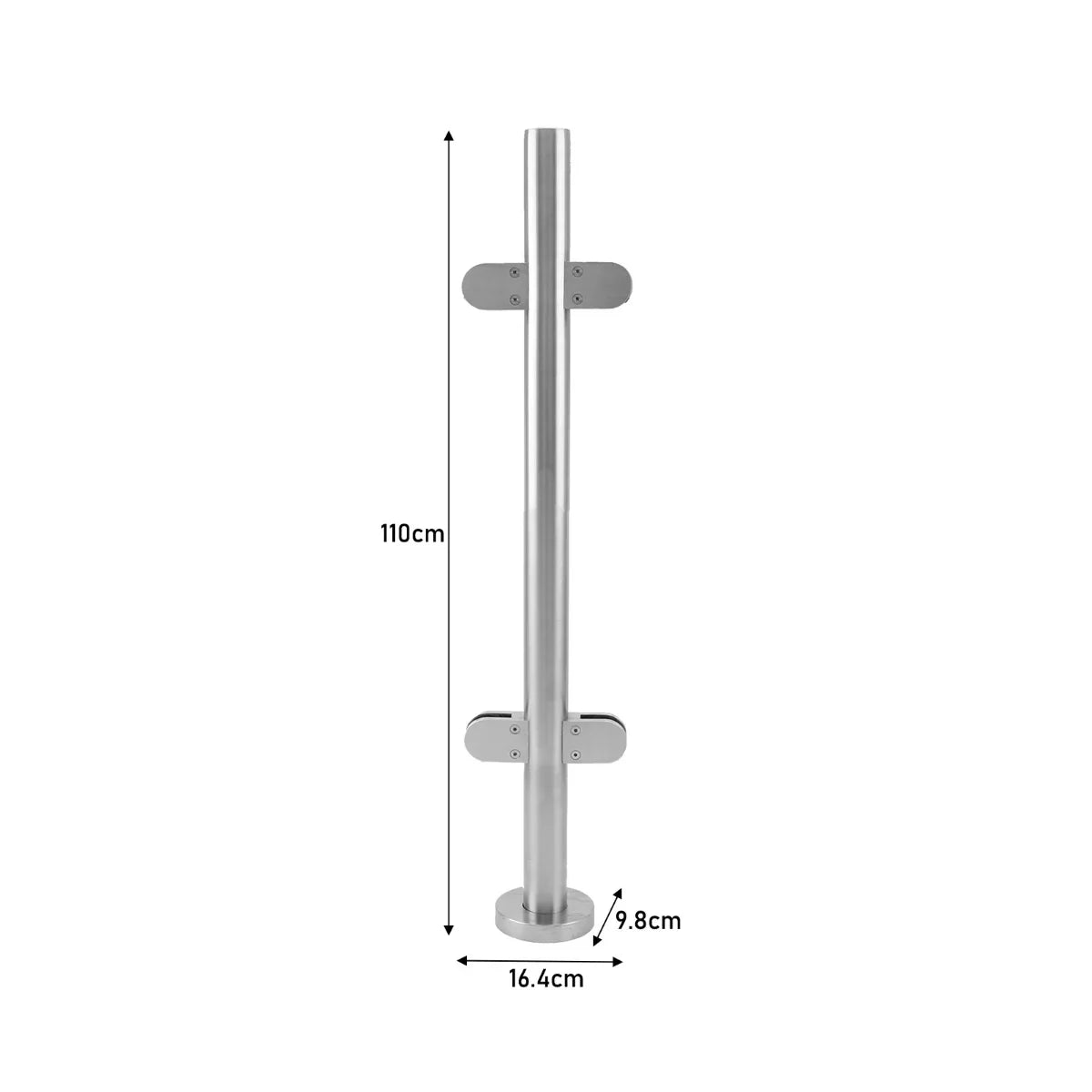 Stainless steel balustrade mid post, 110cm high, featuring a sleek, polished finish with mounting brackets for easy installation