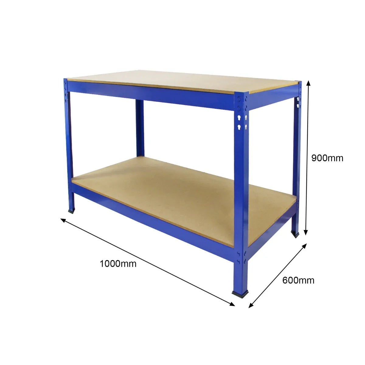 Sturdy Q-RAX blue workbench with a smooth MDF top, measuring 100cm wide, 60cm deep, and 90cm high, ideal for workshops