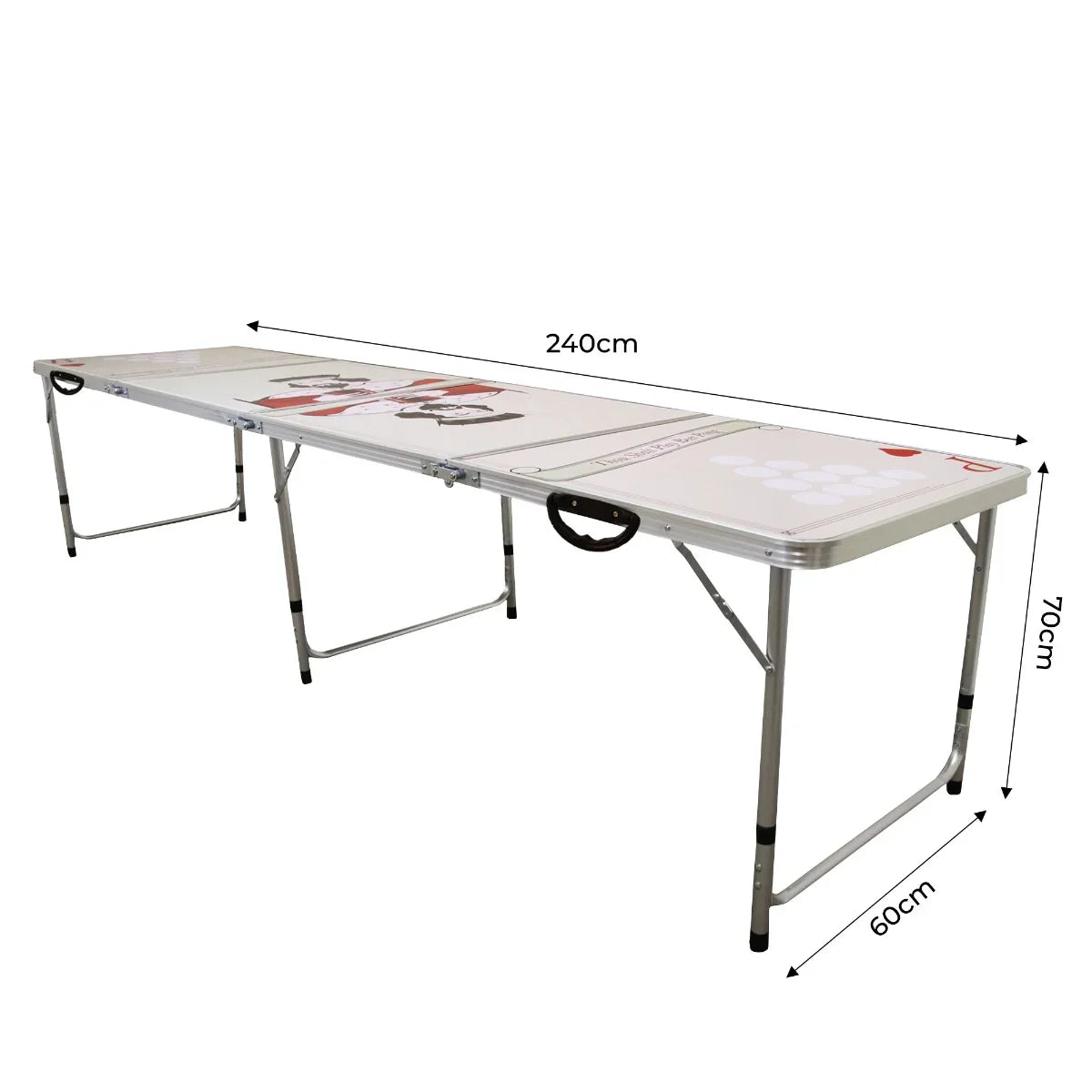 8FT beer pong table with a sturdy aluminum frame, featuring a smooth surface, red cup graphics, and foldable legs for easy storage