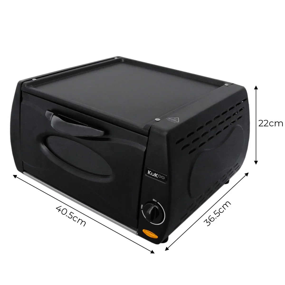 Compact black mini tandoor oven with a sleek design, measuring 40.5cm wide, 36.5cm deep, and 22cm high, ideal for grilling and baking