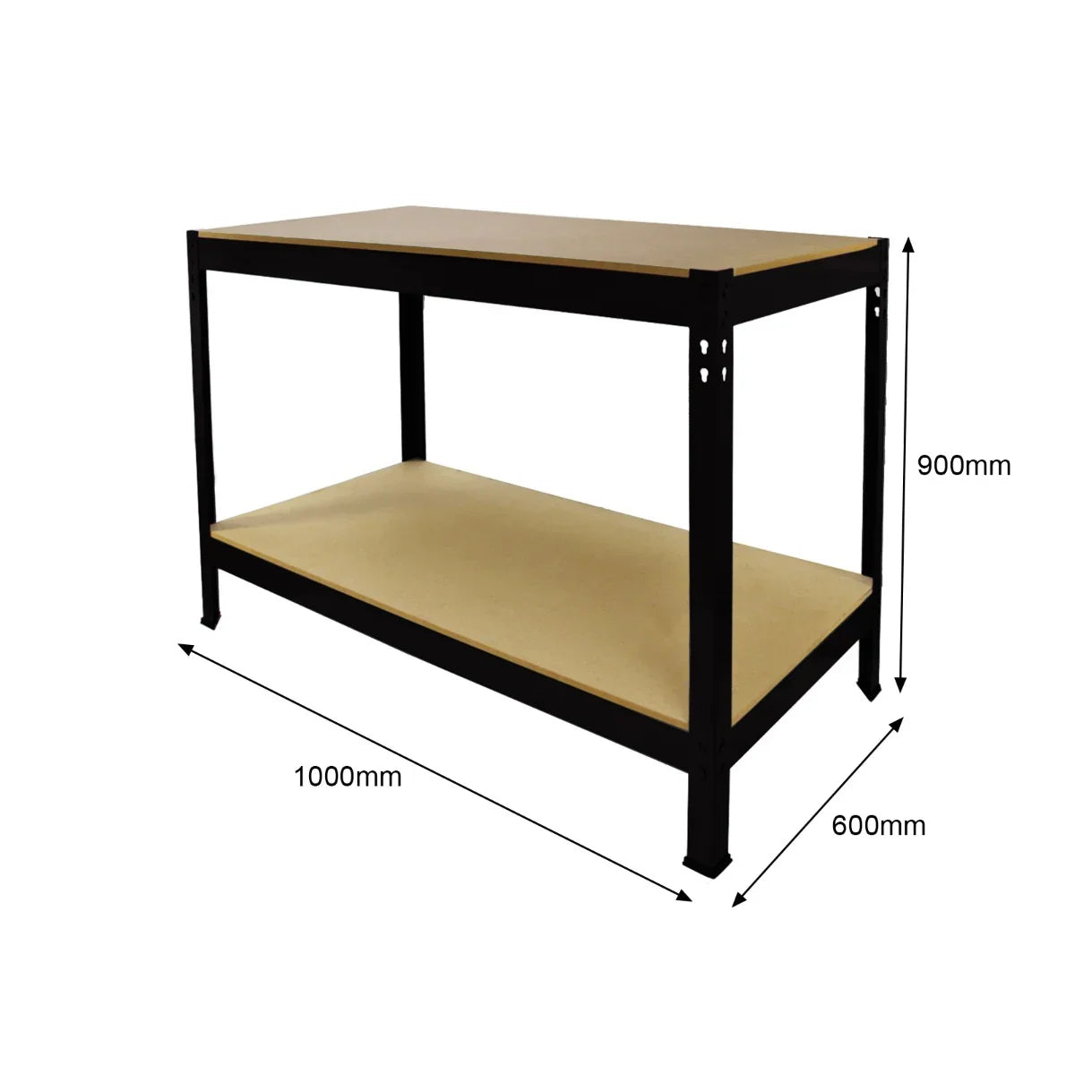 Q-RAX Black Workbench 100cm with sturdy black metal frame, smooth wooden top, and lower shelf for storage, ideal for workshops