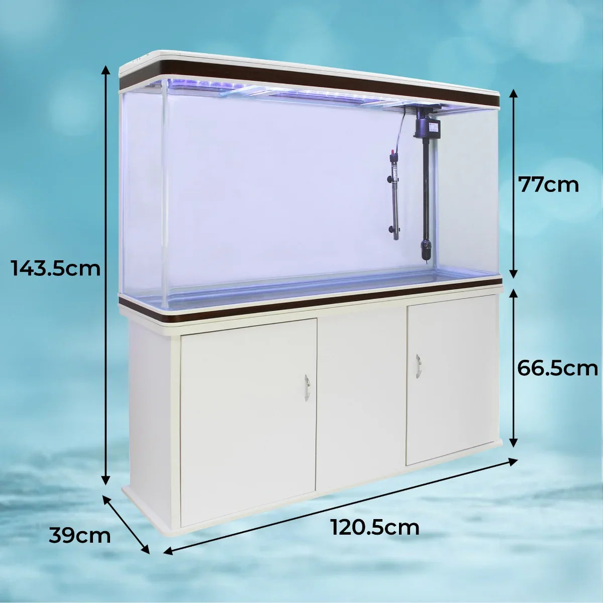 White aquarium fish tank with blue gravel, complete starter kit, featuring a sleek cabinet and dimensions of 120.5cm x 66.5cm x 143.5cm