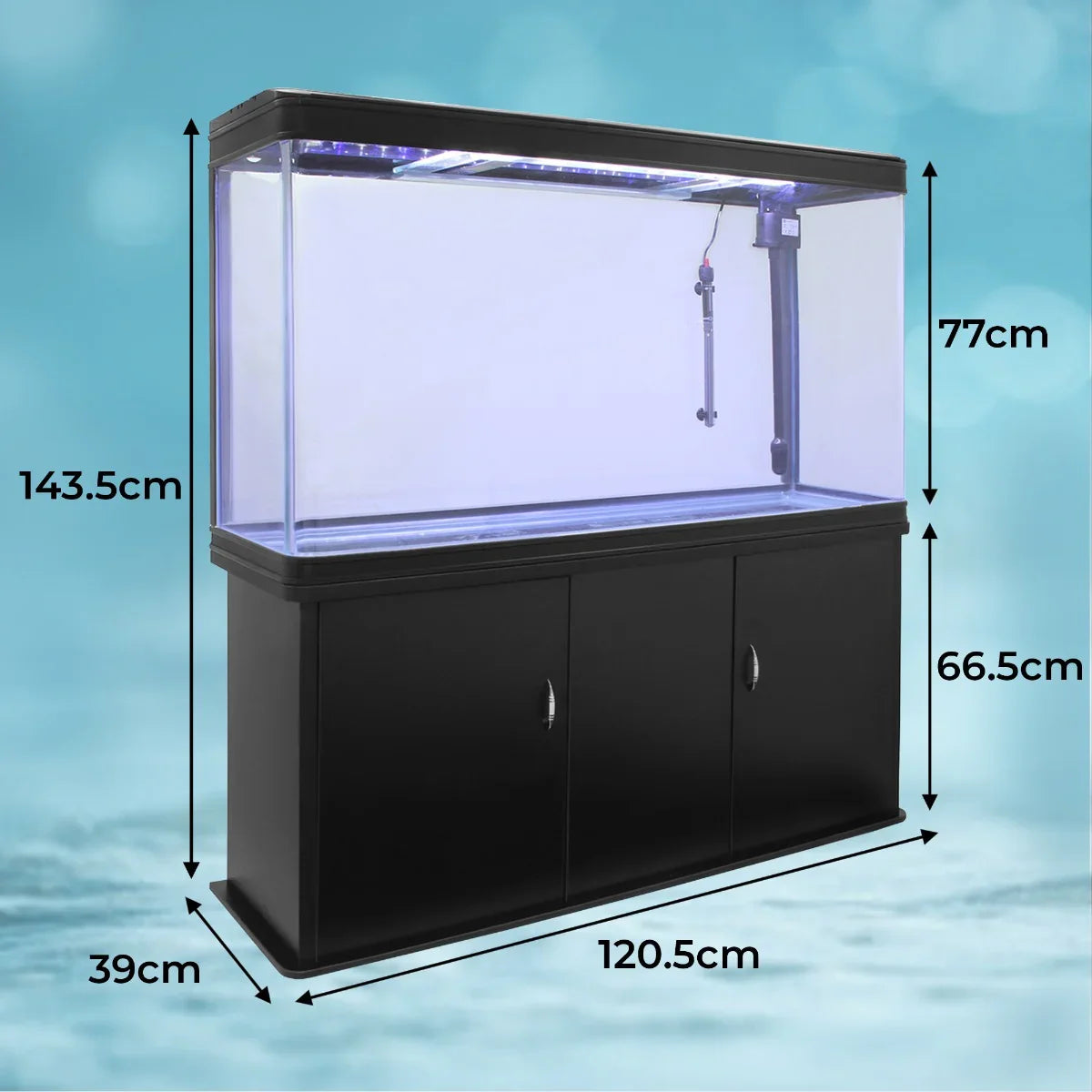 Black aquarium fish tank with cabinet, dimensions 120.5cm x 39cm x 143.5cm, sleek design, ideal for freshwater or saltwater setups