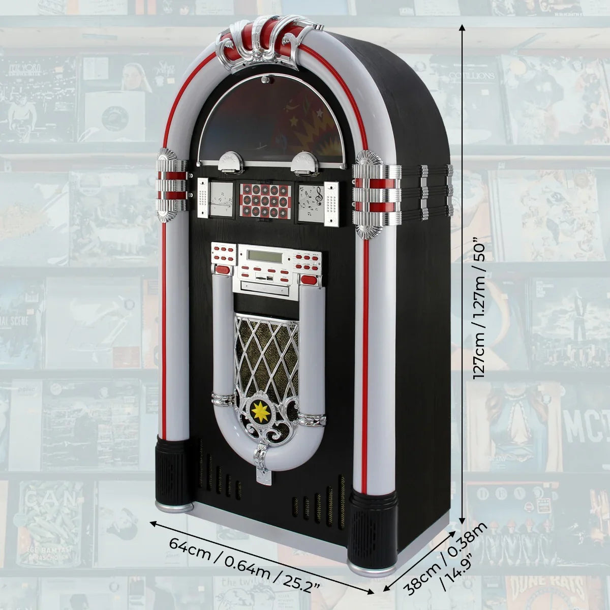 Retro jukebox vinyl record player in black and chrome, featuring a classic design with colorful accents and a digital display