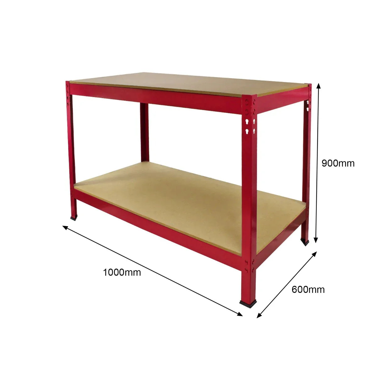 Sturdy Q-RAX red workbench with a smooth MDF top, measuring 100cm wide, 60cm deep, and 90cm tall, ideal for workshops