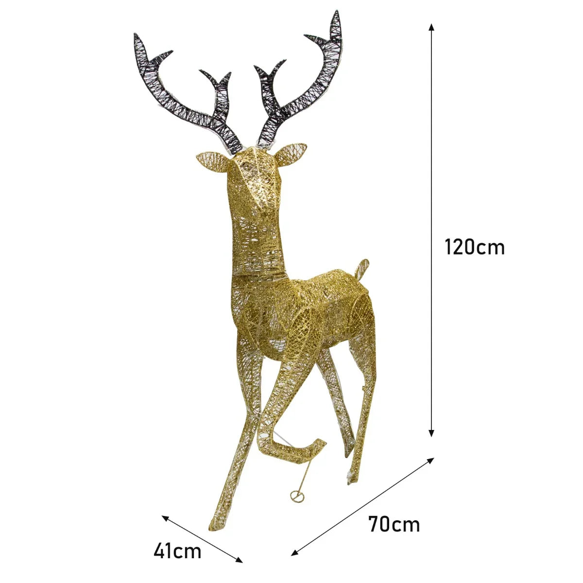 Gold stag reindeer decoration with intricate wire design, standing 120cm tall, featuring detailed antlers and a sleek, elegant shape