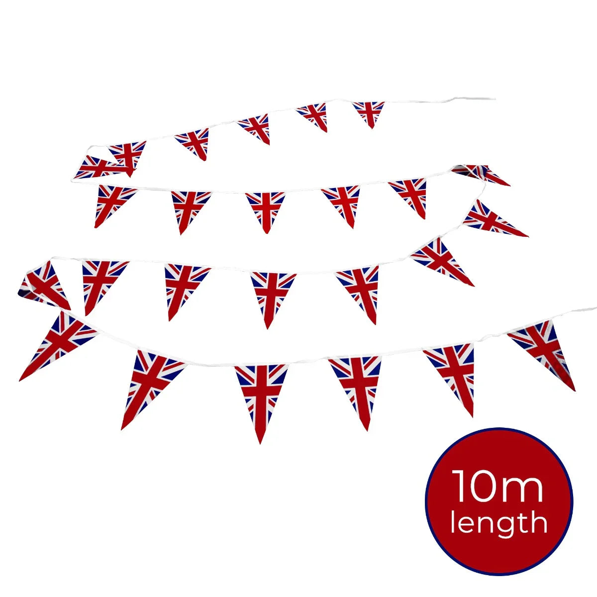 Union Jack flag bunting in red, white, and blue, featuring triangular flags strung along a 10m length for festive decor