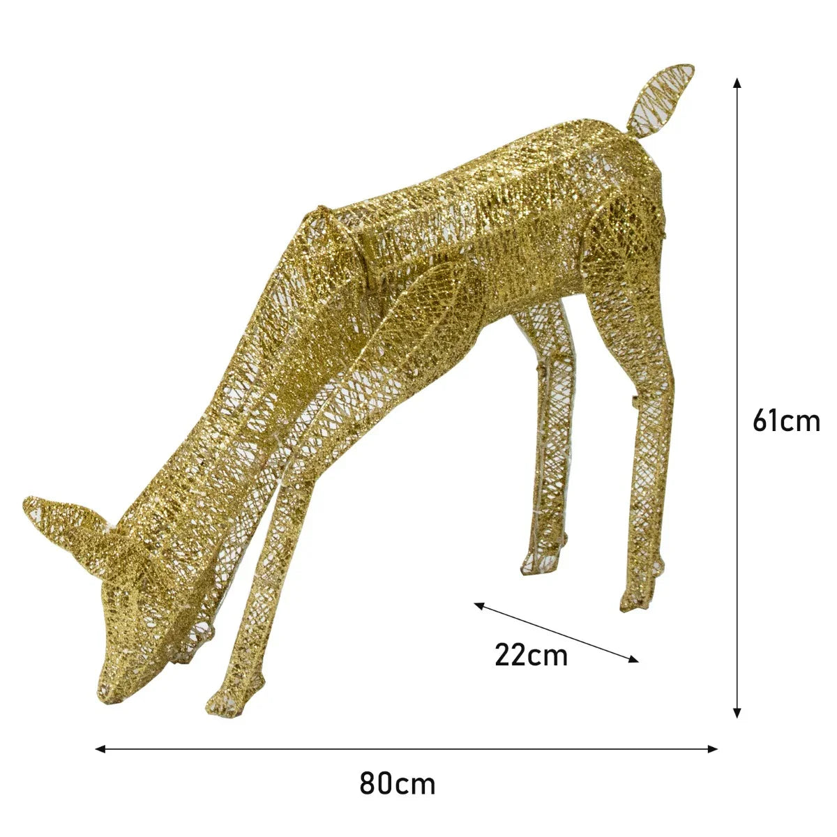 Gold grazing reindeer sculpture, 61cm tall, with intricate wire design, illuminated by 120 ice white LEDs for festive decor