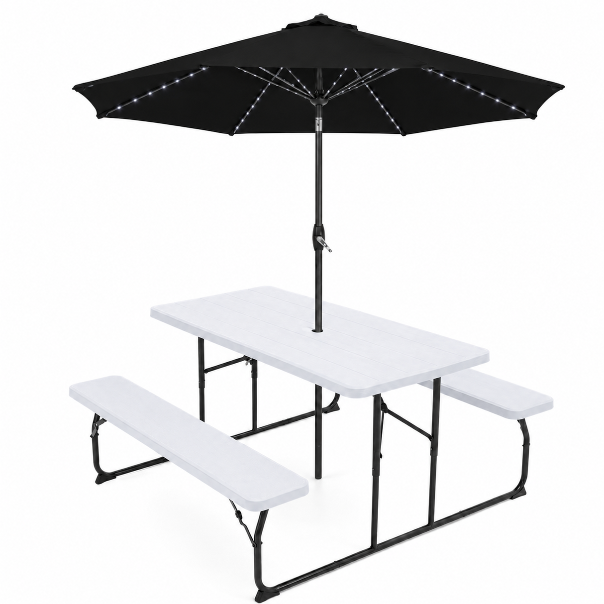 White Foldable Picnic Table + Black 2.7m LED Parasol Bundle