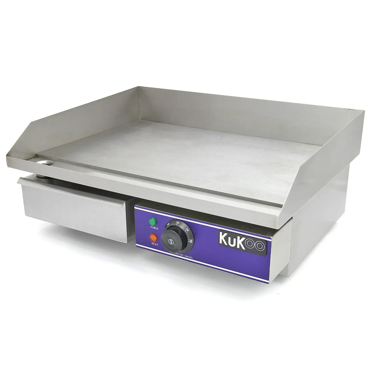Stainless steel KuKoo 50cm wide electric griddle with a smooth cooking surface, adjustable temperature dial, and a convenient drawer