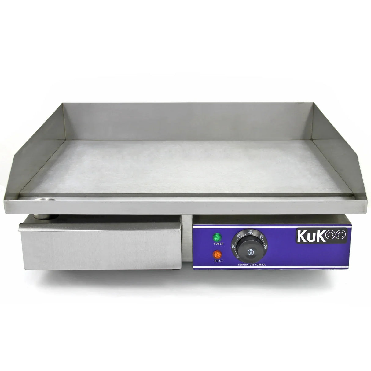 Stainless steel KuKoo 50cm wide electric griddle with a smooth cooking surface, adjustable temperature control, and a sleek design