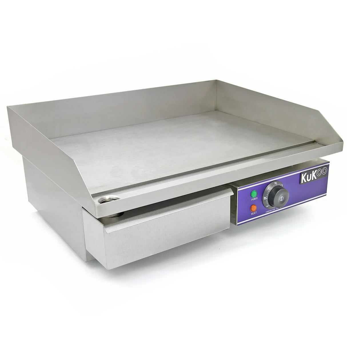 Stainless steel KuKoo 50cm wide electric griddle with a smooth cooking surface, adjustable temperature control, and grease tray