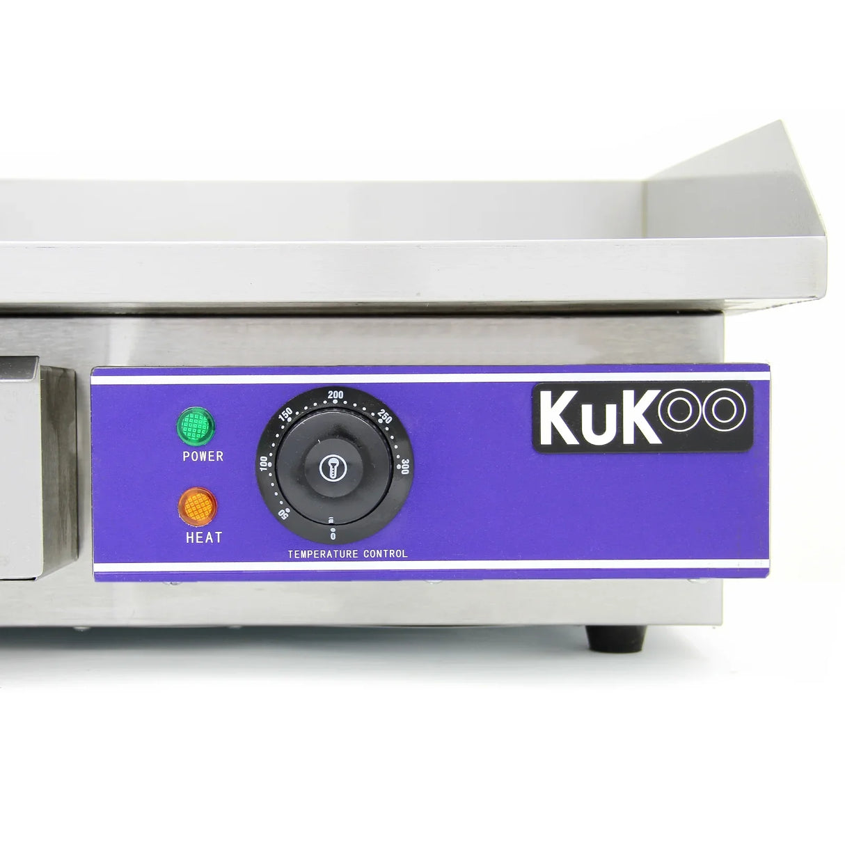 KuKoo 50cm wide electric griddle featuring a stainless steel body, blue control panel, temperature dial, and indicator lights