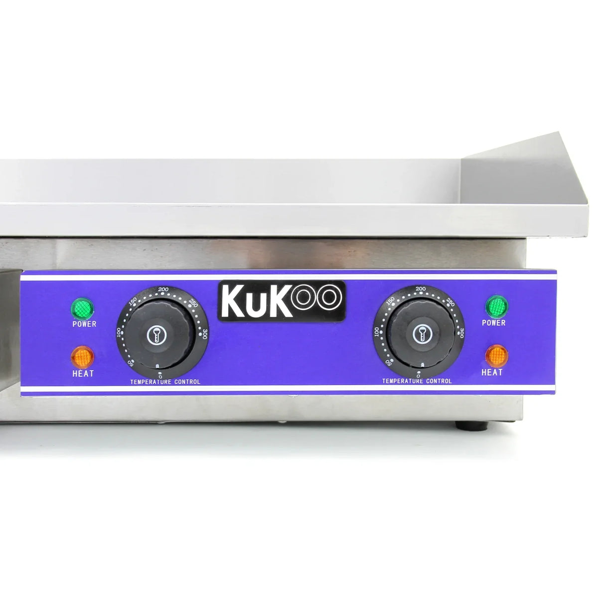 KuKoo 70cm wide electric griddle with stainless steel body, blue control panel, and adjustable temperature knobs for precise cooking