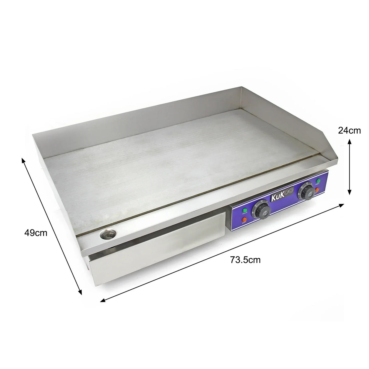 KuKoo 70cm wide electric griddle with stainless steel surface, two adjustable temperature knobs, and a sleek, modern design