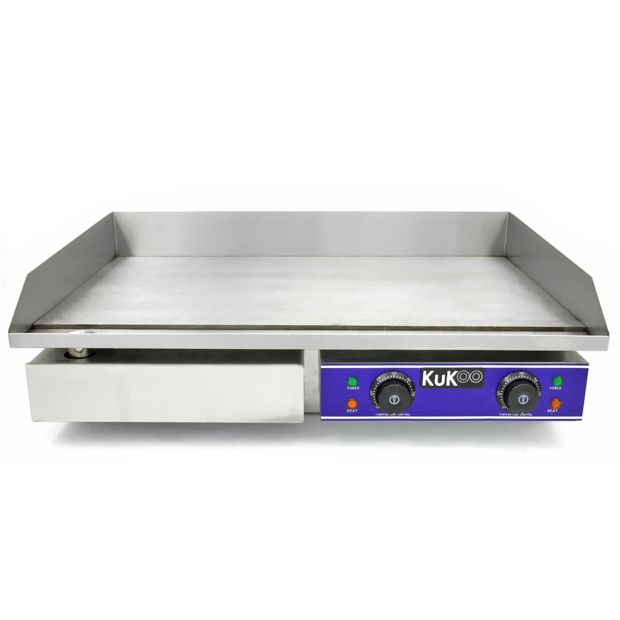 KuKoo 70cm wide electric griddle with a stainless steel surface, blue control panel, and adjustable temperature knobs for cooking versatility
