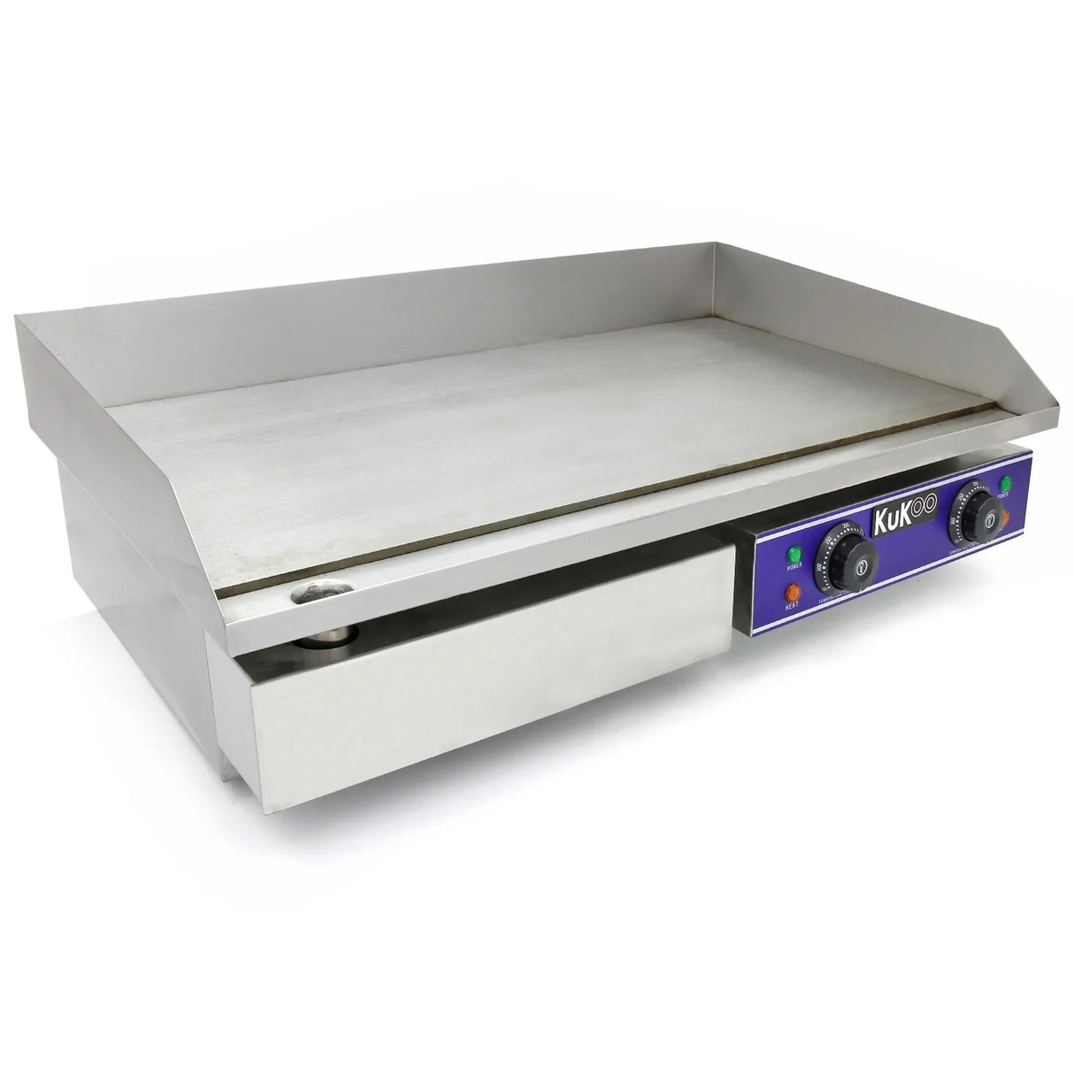 KuKoo 70cm wide electric griddle with a sleek stainless steel body, smooth cooking surface, and dual temperature control knobs