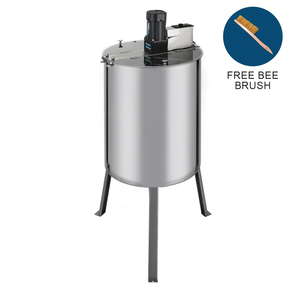 Electric honey extractor with stainless steel body, motor on top, and sturdy legs, includes a free bee brush for easy use