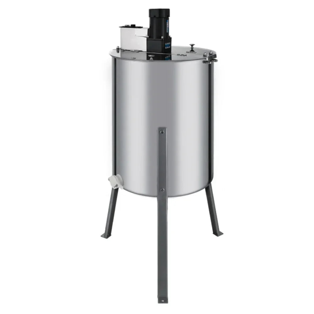 Electric honey extractor with a shiny stainless steel body, sturdy metal legs, and a black motor on top for efficient honey extraction