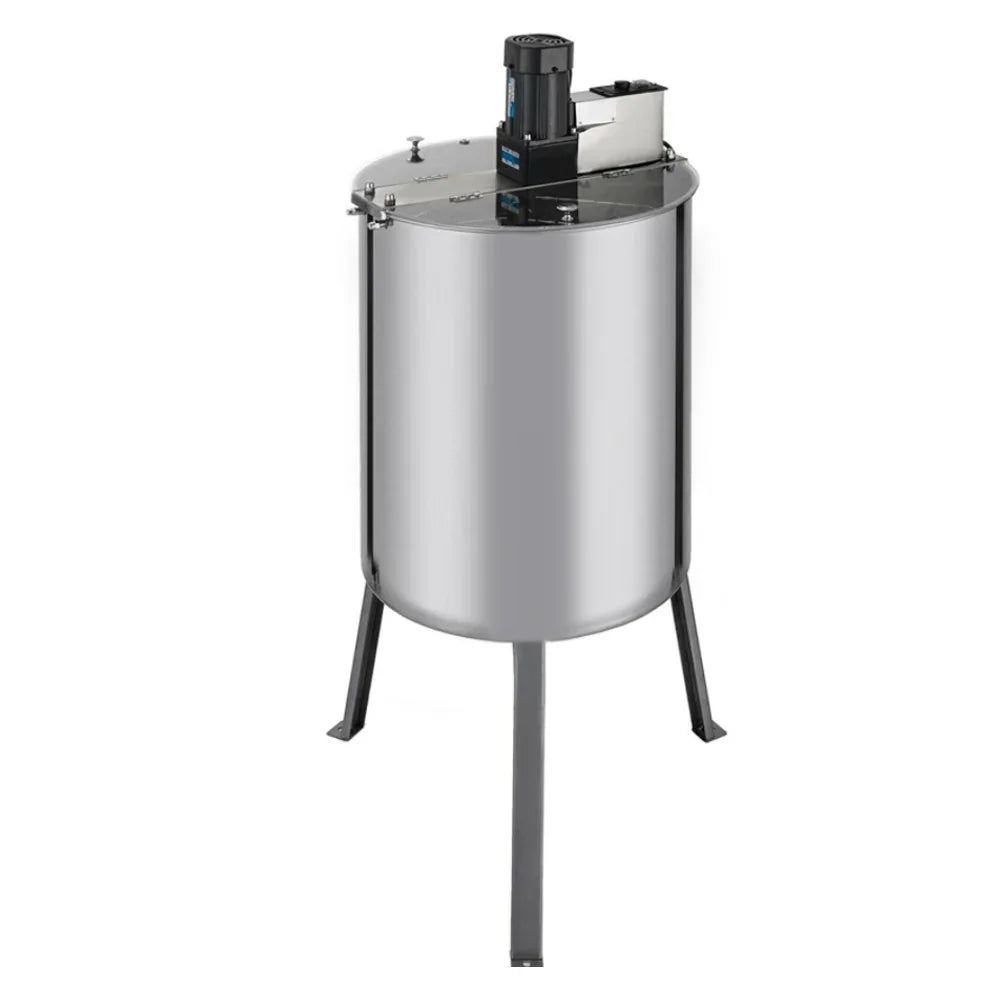 Stainless steel electric honey extractor with a sleek cylindrical design, featuring a motor on top and sturdy black legs for stability