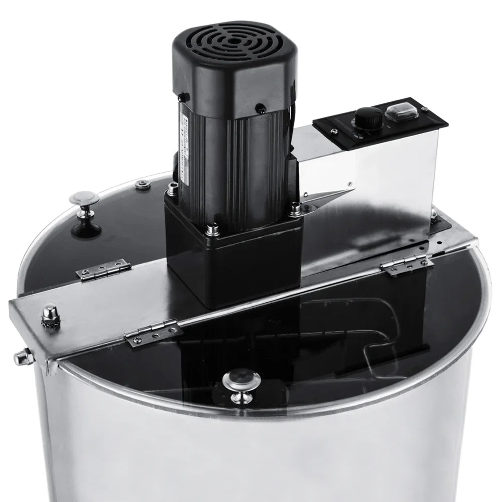 Electric honey extractor with stainless steel body, black motor, and control panel, designed for efficient honey extraction