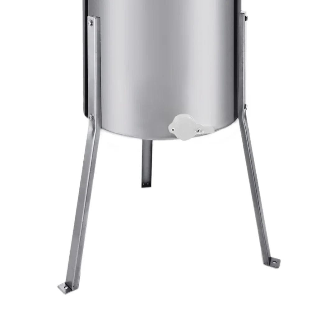 Stainless steel electric honey extractor with a sturdy metal frame, featuring a honey gate for easy dispensing and a sleek design