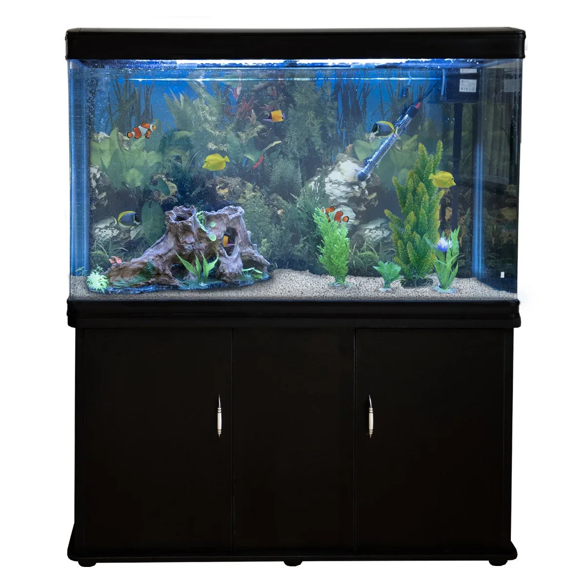 Black aquarium fish tank with vibrant fish, natural decorations, and white gravel, set on a sleek cabinet with storage space