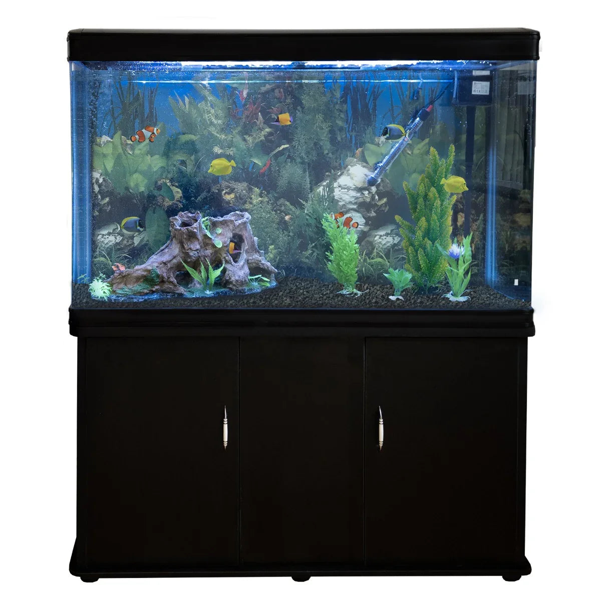 Aquarium fish tank with black cabinet, clear glass, vibrant aquatic plants, colorful fish, and black gravel base for a complete starter kit