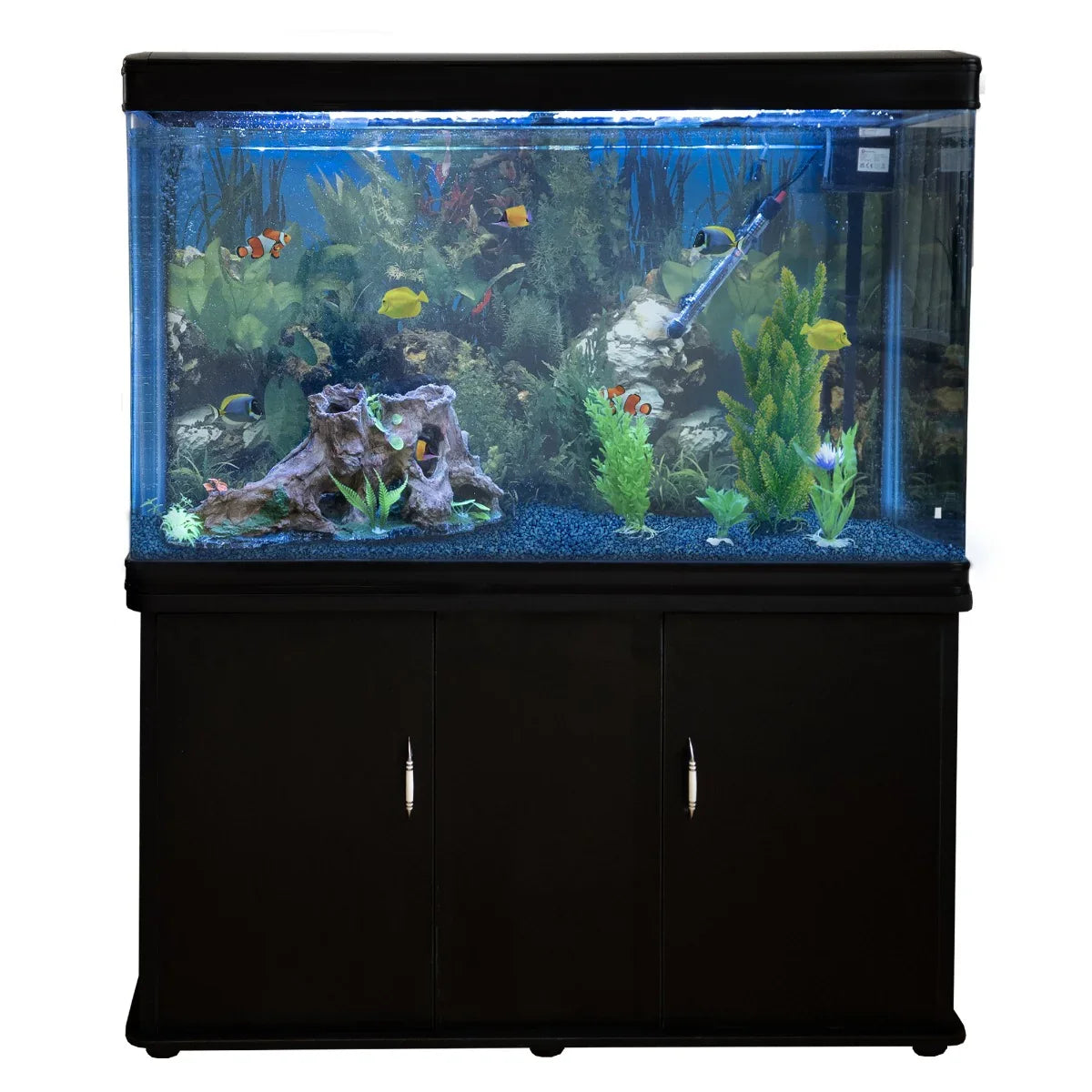 Black aquarium fish tank with vibrant blue gravel, lush plants, and colorful fish, mounted on a sleek cabinet with storage space