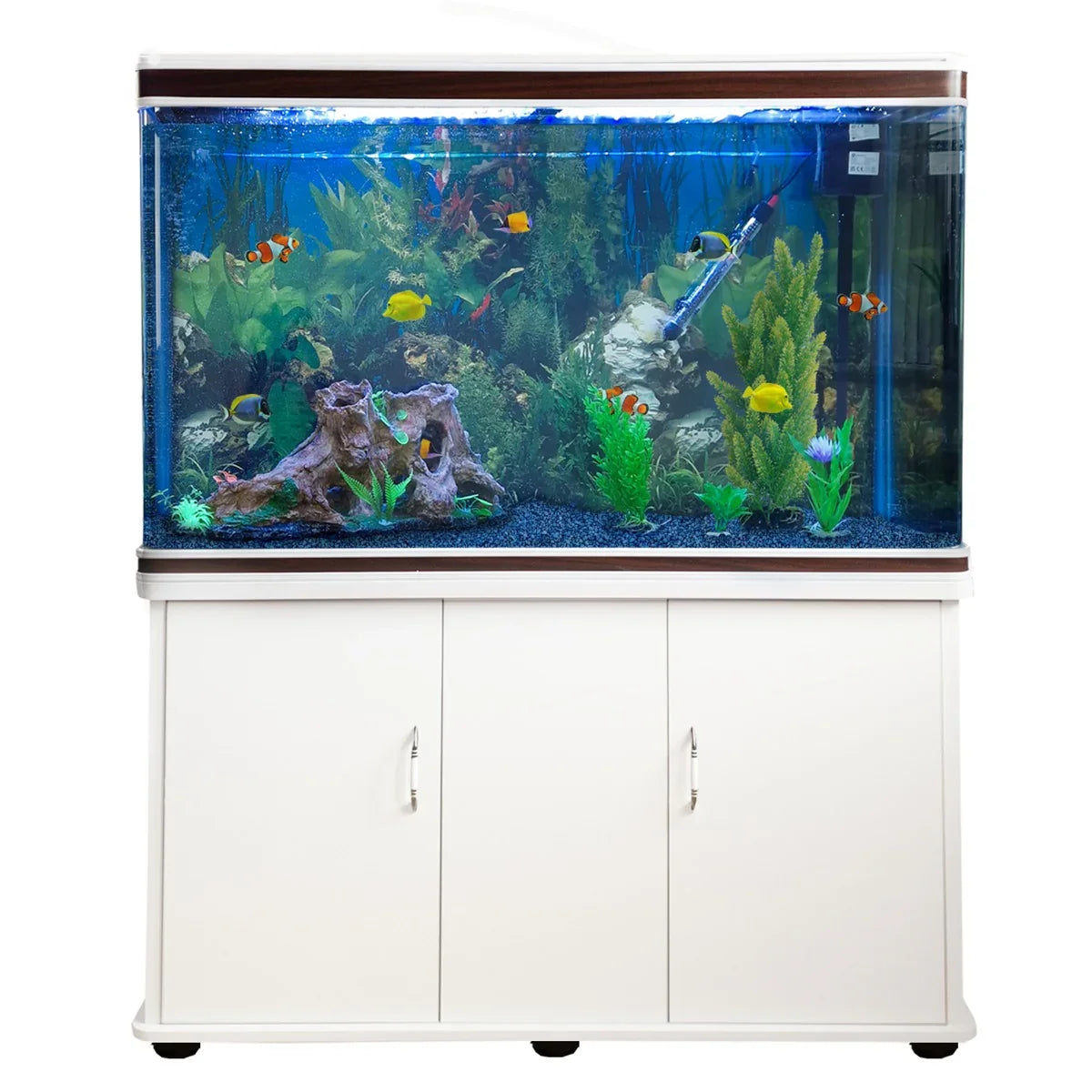 White aquarium fish tank with blue gravel, vibrant fish, and lush plants, paired with a sleek cabinet for storage and support
