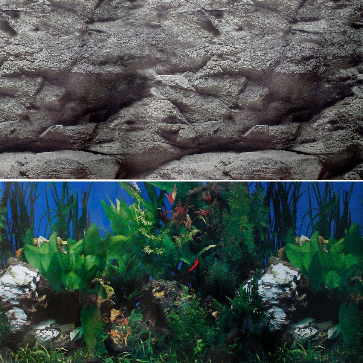 Aquarium fish tank with black cabinet, featuring vibrant blue gravel, lush green plants, and decorative rock formations