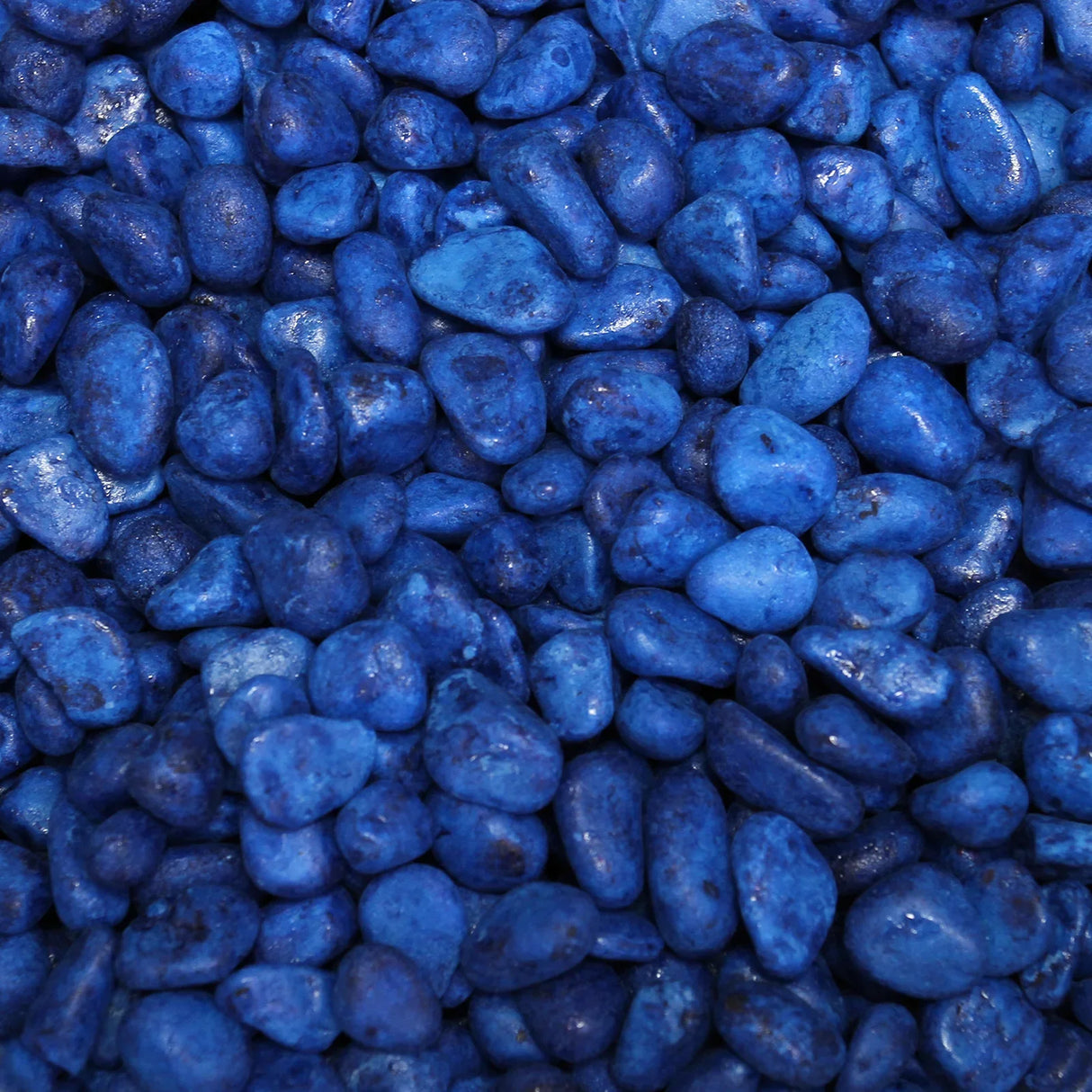 Vibrant blue gravel fills the bottom of an aquarium, showcasing smooth, rounded stones ideal for enhancing aquatic environments