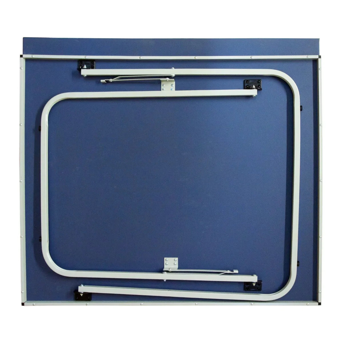 Folding table tennis table with a blue playing surface and white frame, showcasing its compact, folded design for easy storage