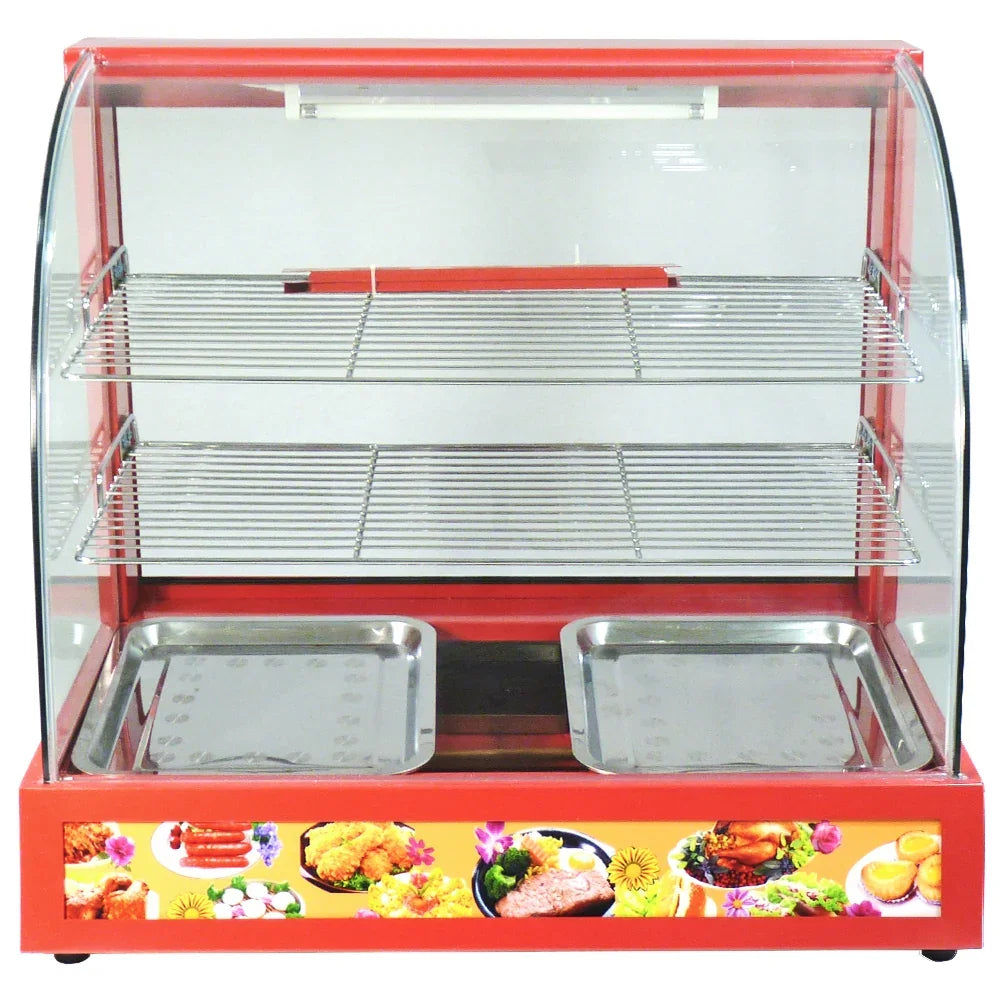 KuKoo 60cm wide glass food warmer with red frame, two stainless steel trays, and adjustable wire shelves for displaying food items