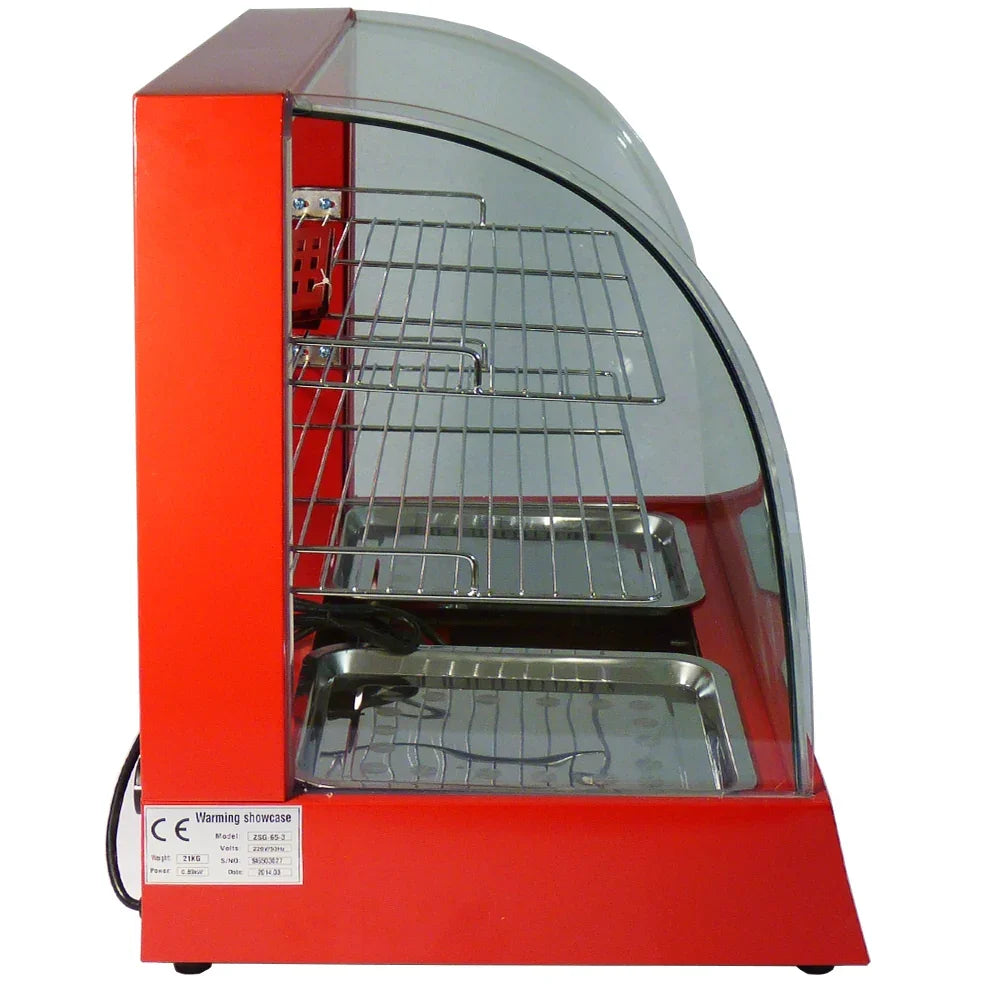 KuKoo 60cm wide glass food warmer with a vibrant red exterior, curved glass front, and three wire shelves for displaying food items