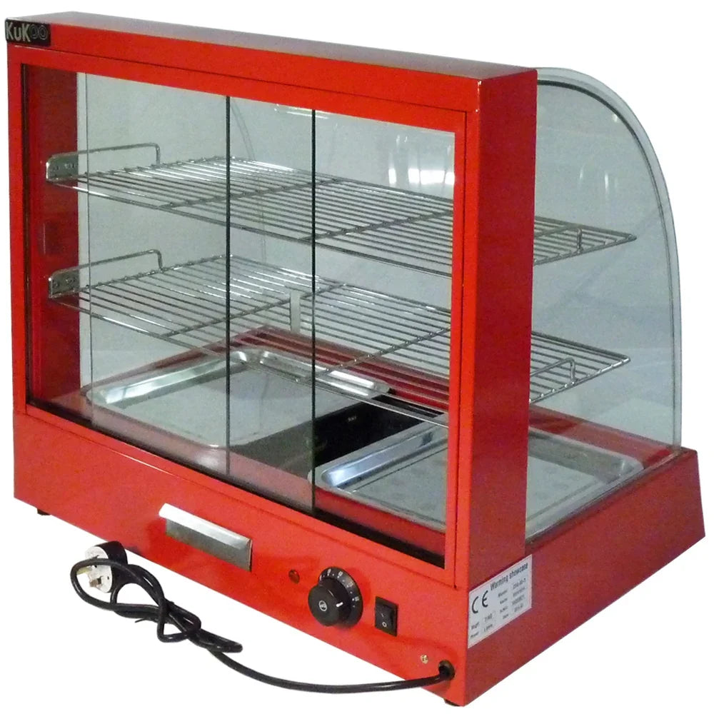 KuKoo 60cm wide glass food warmer in vibrant red, featuring two shelves, transparent curved glass front, and adjustable temperature control