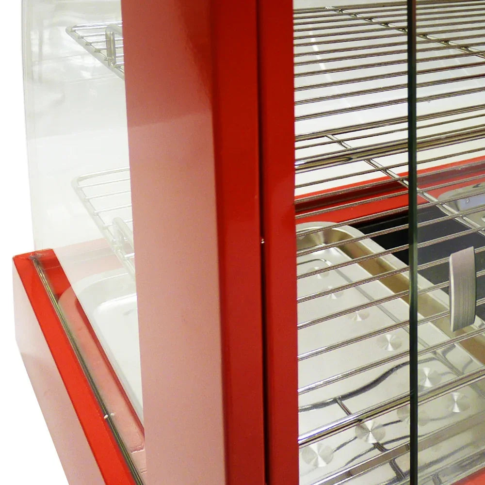 KuKoo 60cm wide glass food warmer with a vibrant red exterior, transparent glass door, and stainless steel wire shelves for easy access